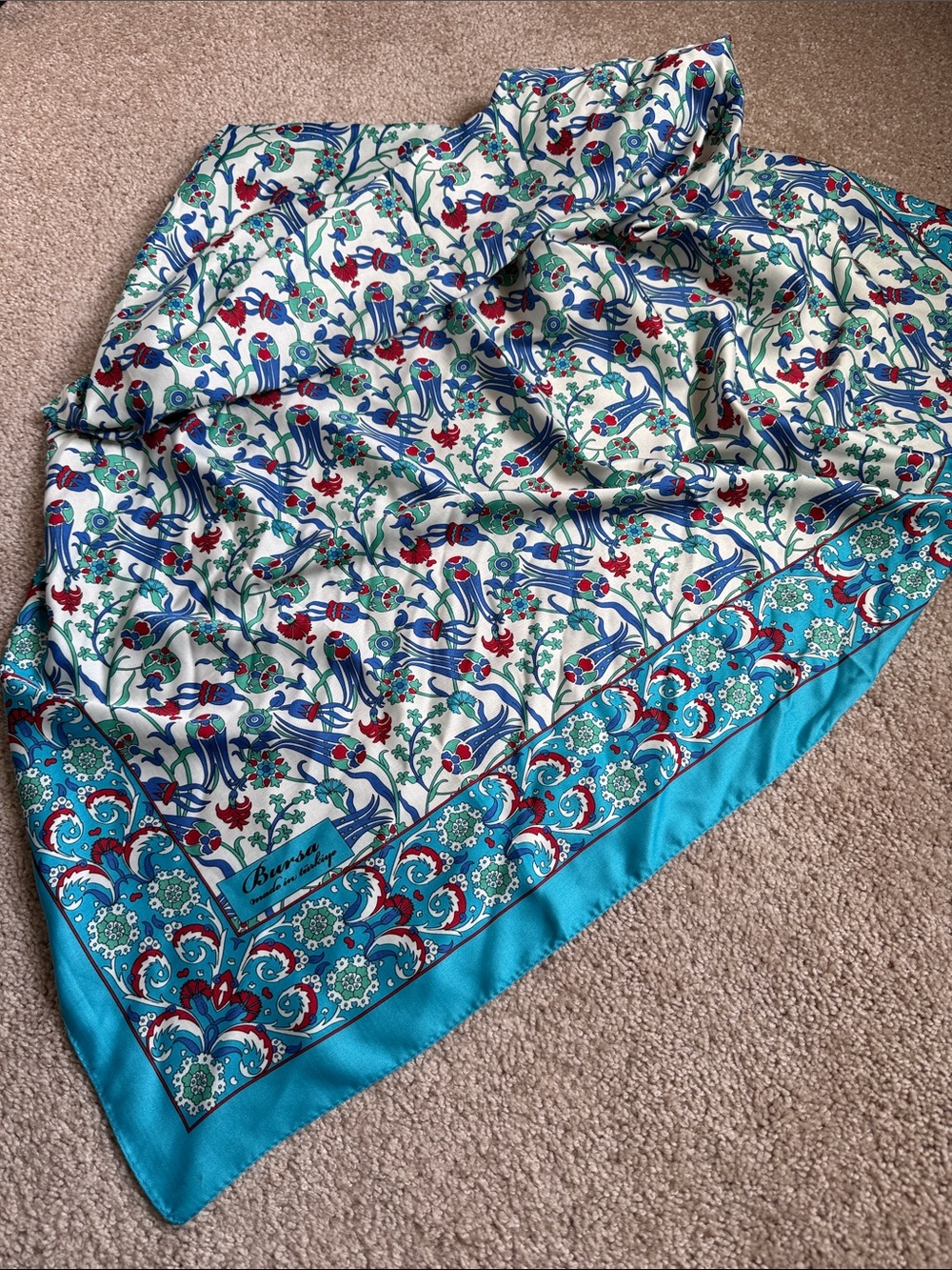 Bursa Turquoise Turkish Motif Carnation & Tulip Pattern 100% Silk Scarf